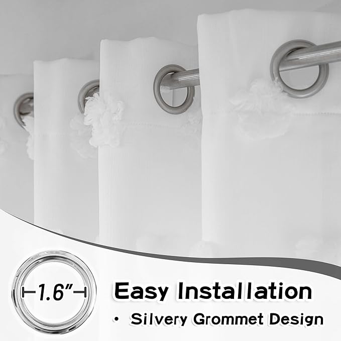 MYSKY HOME Light Blocking White Curtains for Living Room White Sheer Pom Pom Kids Room Decor Drapes 102 Inches Long Double Layer Curtain for Sliding Door Grommet Window Panels Set of 2 52" x 102"