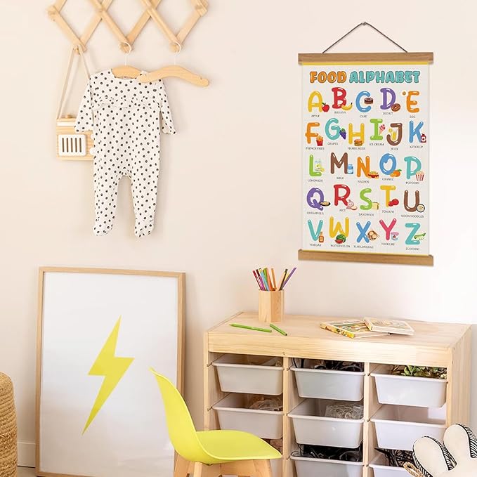 KAIRNE Food Alphabet Wall Decoration,Alphabet Poster,Colorful ABC Art Prints,ABC Canvas With Magnetic Hanger Frame(35”X56”),Educational Chart Wall Art for Toddler Classroom Kids Room Playroom Decor
