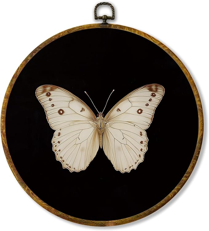 Hiuwevt Vintage White Butterfly Round Wall Art Decor, Retro Antique Moth Hanging Canvas Prints Artwork Framed, Neutral Moody Insect Circular Wall Decor for Home Bedroom Living Room, 10x10 Inch