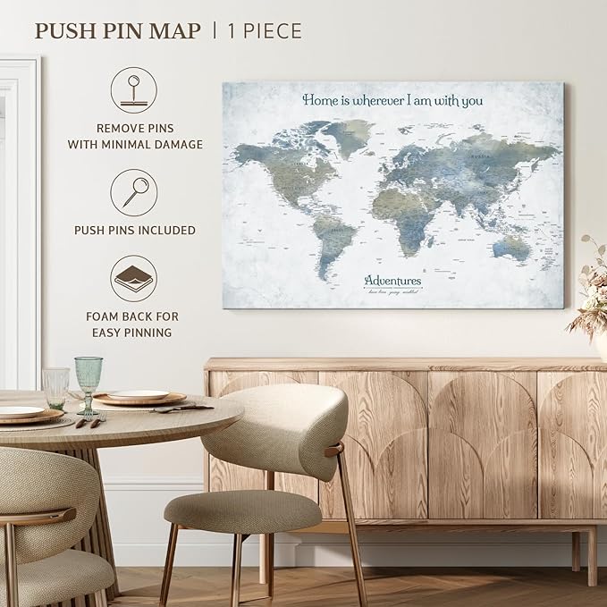 ElephantStock - Home With You II Push Pin World Map Wall Art - Horizontal Canvas Wall Art - Living Room Wall Decor - Digital Art Map Canvas Art - Blue And Gray Decor - 36" x 24"
