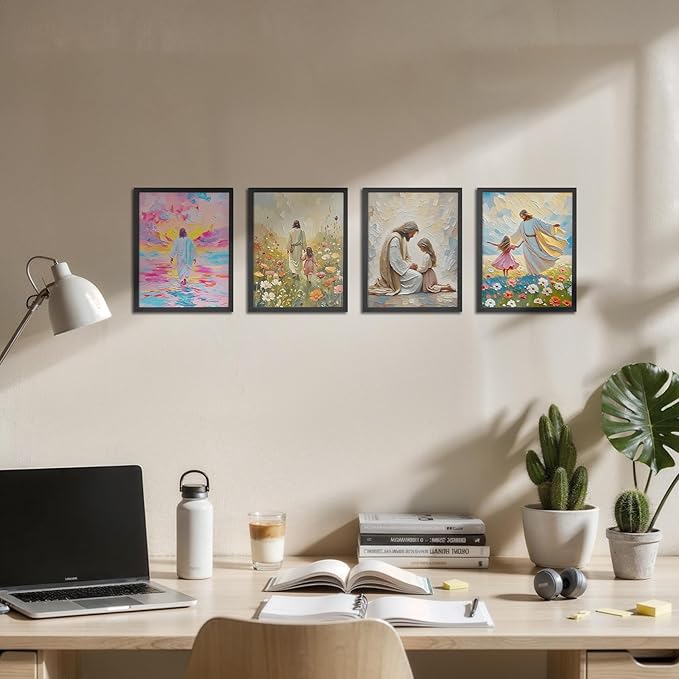 OFJE Christian Jesus with Girl Wall Art Decor Prints Set of 4, Jesus Walking on Water Religious Wall Art Posters Decor for Girls Bedroom Home Living Prayer Room, 8x10 Unframed