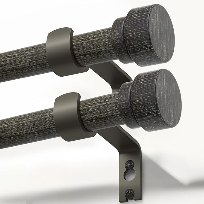 2 Pack Black walnut wood Grain Curtain Rods for Windows 66 to 120 Inches 1" Diameter Heavy Duty Window Curtain Rod Adjustable with Solid Finials for Living Room Bedroom Kitchen Farmhouse Outdoor