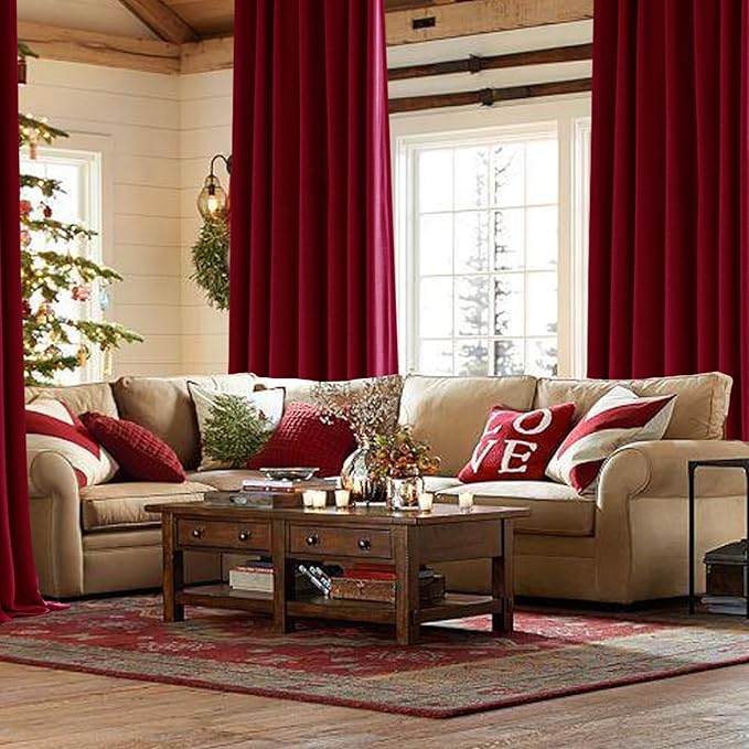 IVAPUPU Linen Pinch Pleated Blackout Curtains for Bedroom - Full Black Out Red Curtains 95 Inch Long 2 Panel for Living Room Darkening Thermal Window Curtain Drapes for Christmas Decor