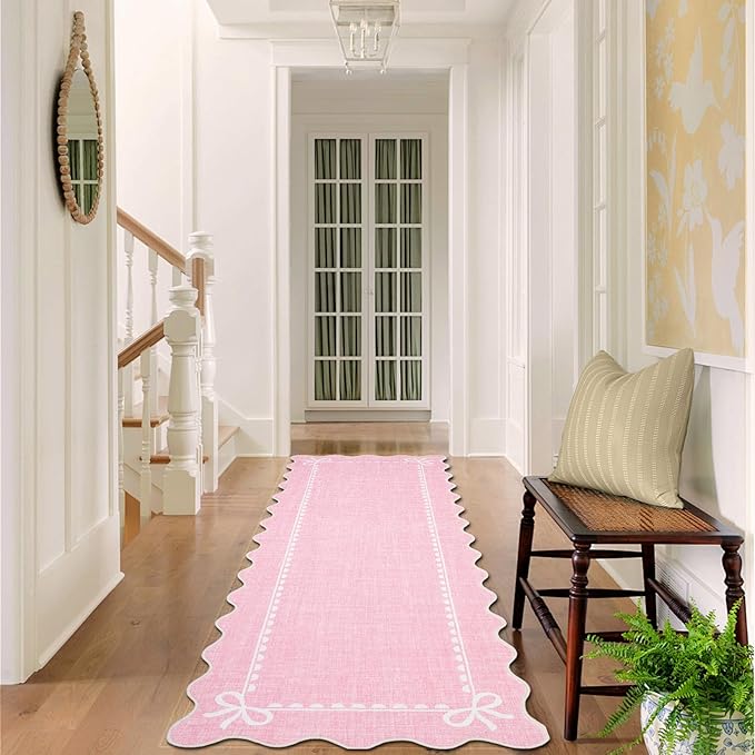 GarveeHome Scalloped Bow Rug for Living Room, Solid Pink Rug for Dorm, Washable Runner Rug 2.5x10 Soft Low Pile Non Slip Scalloped Rugs for Nursery Bedroom Decor Hallway Entryway Playroom