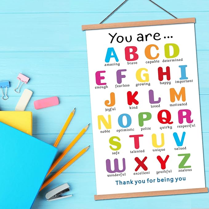 KAIRNE Colorful ABC Alphabet Art Print With Wood Magnetic Hanger Frame(15.7X25INCH)You Are Amazing Positive Educational ABC Chart for Toddler Affirmation Posters Wall Art For Classroom Playroom Decor