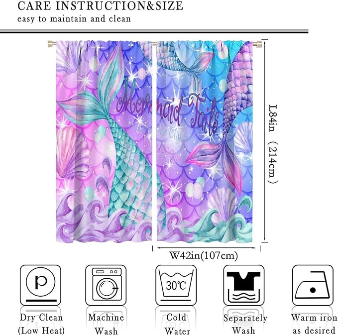 Dream Mermaid Curtain Colorful Mermaid Shell Ocean Theme Fantasy Blackout Curtains for Kids Boys Girls Bedroom Nursery Room Decor Rod Pocket Window Drapes 84x84in