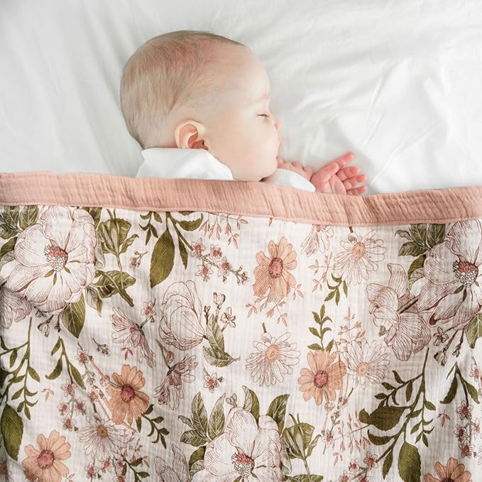 Little Jump 2 Layers Muslin Cotton Baby Blankets - Vintage Floral Toddler Quilt Crib Blanket - Gender Neutral Crib Blanket for Baby Boys and Girls 47"x 47" (Vintage Blossom)