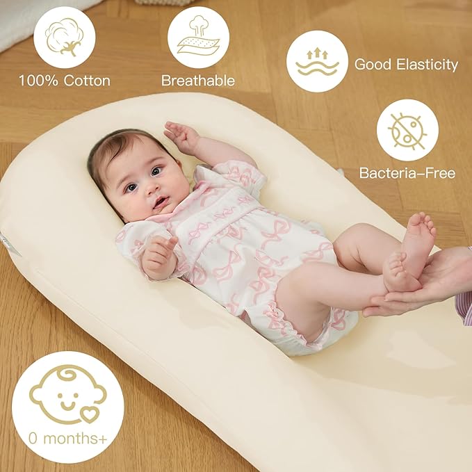 Lucakuins Baby Lounger, Bionic Design Baby Lounger for Newborn 0-24 Months, Soft Organic Cotton Breathable Lounger for Infants (White Newborn Lounger)