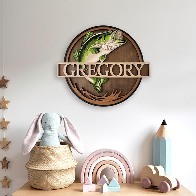 Personalized Nursery Sign, Fishing Wooden Sign with Name, Hello World Newborn Sign, Salmon Sign for Kid Room Decor, Baby Gifts for Boy, Custom Baby Name Sign, Baby Boys Wall Art Bedroom