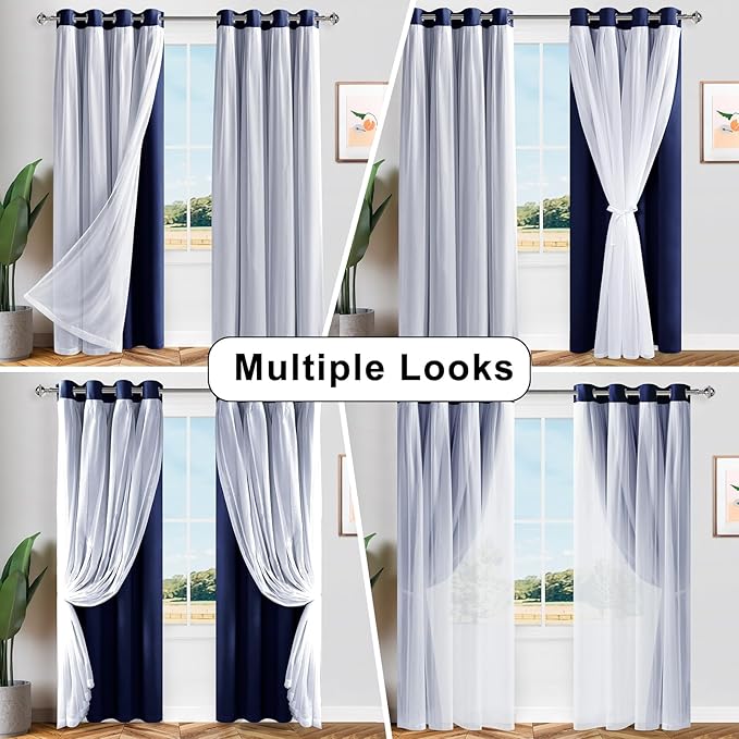 Hiasan Mix & Match Blackout Curtains with Sheer Overlay, Thermal Insulated Privacy Double Layer Room Darkening Window Curtains for Bedroom, Living Room, 2 Panels with Tiebacks, Navy Blue, 52W X 84L