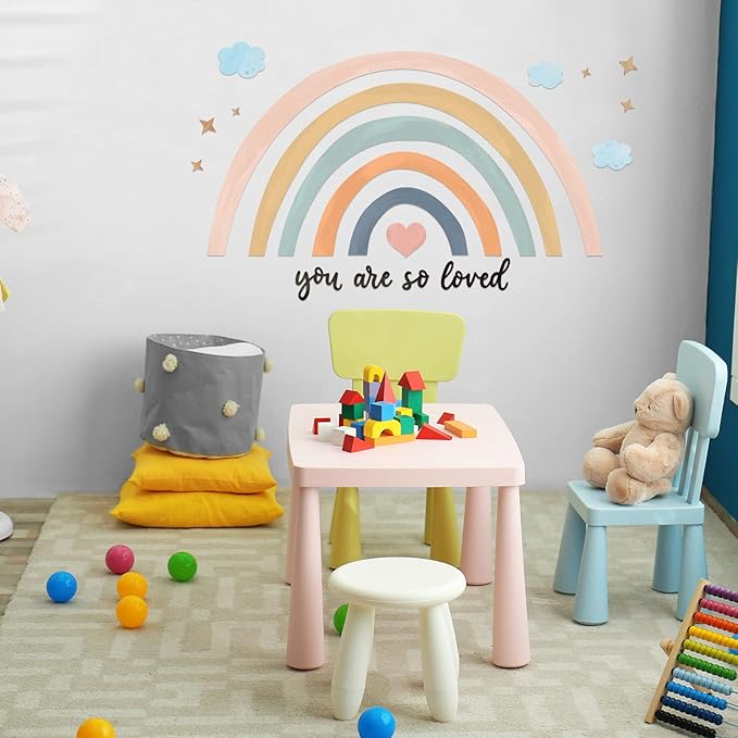 Containlol Rainbow Wall Decals, Playroom Wall Decor for Girl Room, Watercolor Peel and Stick Wallpaper, Boho Wallpaper 30 x 14 Inch Heart Art Stickers for Toddler Bedroom Nursery(Blue Pink,Cute)