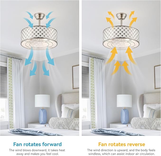 Silver Fandelier Ceiling Fan with Light, 20" Caged Silver Chandelier Ceiling Fans with Lights Remote Control, Fabric Mid-Century Modern with 6 Speeds for Bedroom, Nursery, Living Room.