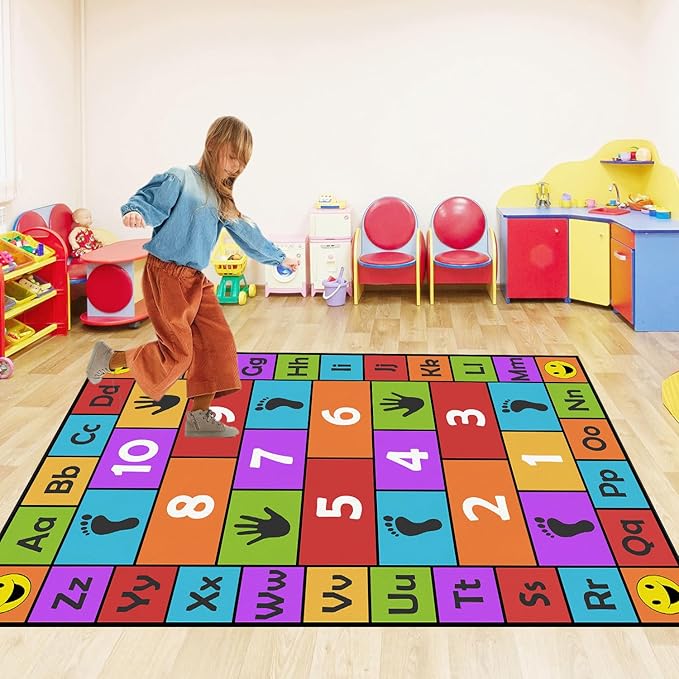 Kid Hopscotch Play Rug, ABC Alphabet Number Educational Carpet, Playroom Classroom Mat Non-Slip Washable (Red 47x71 in)