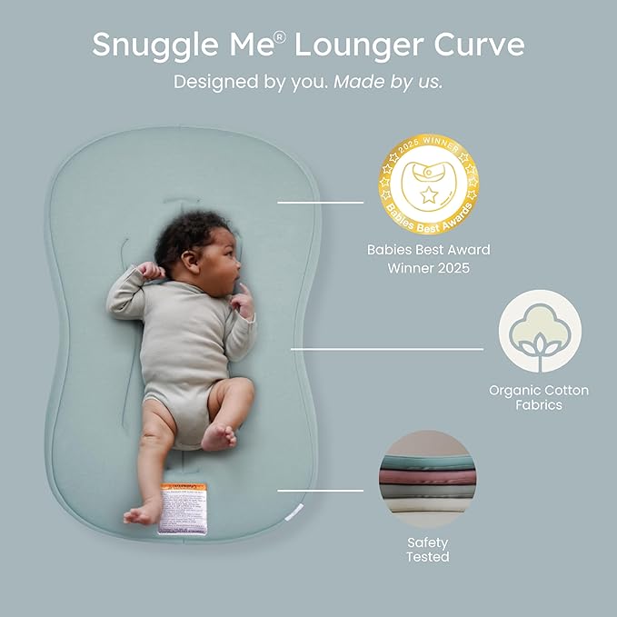 snuggle me® Baby Lounger Curve (0-6 Months) - Premium Organic Cotton with Foam Core, Machine-Washable Cover, Buttery-Soft & Breathable Infant Lounger with Travel Bag (30 in x 20 in x 1.9 in) - Slate