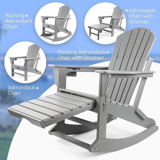 FUNBERRY Adirondack Rocking Chairs Set of 2, Multifunctional 4-in-1 Porch Rocker with Retractable Ottoman & Cup Holder HDPE All Weather