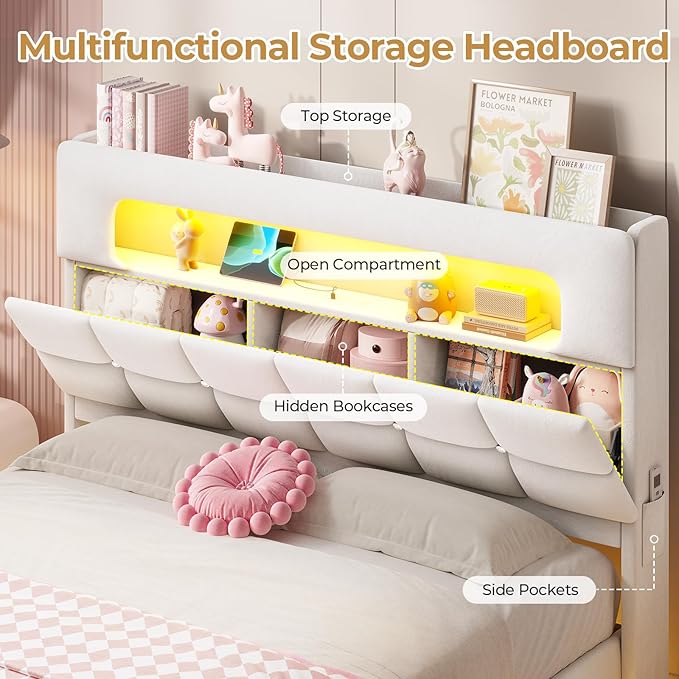 MSmask Full Upholstered LED Bed Frame with 2-Tier Storage Bookcase Headboard, Velvet Princess Bed with Crystal Button Tufted Headboard & Charging Station, Girls Platform Bed, Curved Legs, White