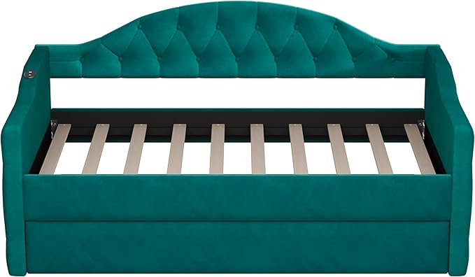 Bellemave Twin Size daybed Frame with Trundle for Adults, Kids, Girls, Teens, Tufted daybeds with Trundle for Living Room, Velvet, (Mattress not Included), Green