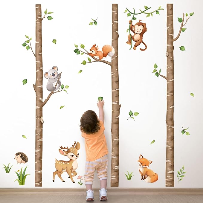 Tanlaby Large Birch Tree Forest Animals Wall Stickers Woodland Brown Trees Wall Decals Deer Fox Monkey Sticker Peel and Stick Art Decor for Baby Nursery Kids Toddler Bedroom Playroom Classroom