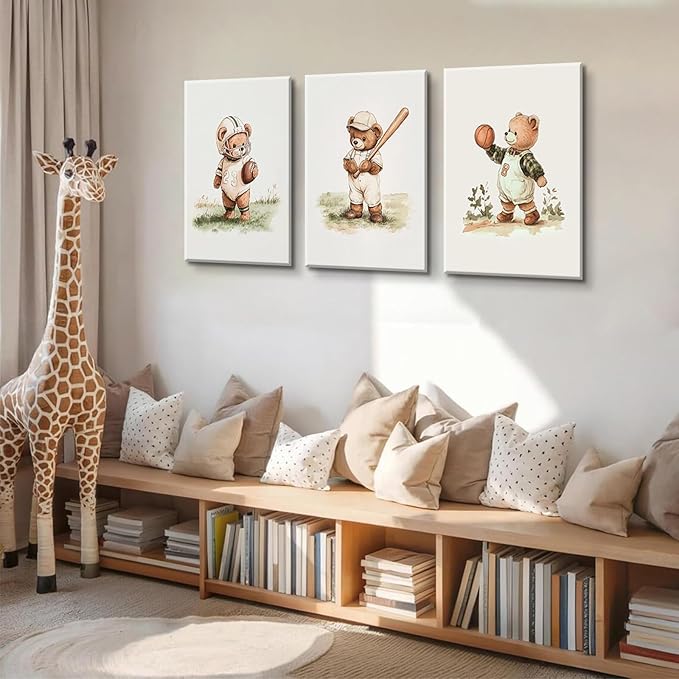 3Pcs Nursery Teddy Bear Canvas Wall Art Vintage Sports Bear Wall Decor Sports Boys'Room Artwork Prints Basketball Football Baseball Painting Pictures for Children's Room Boys' Room (16x24in Canvas)