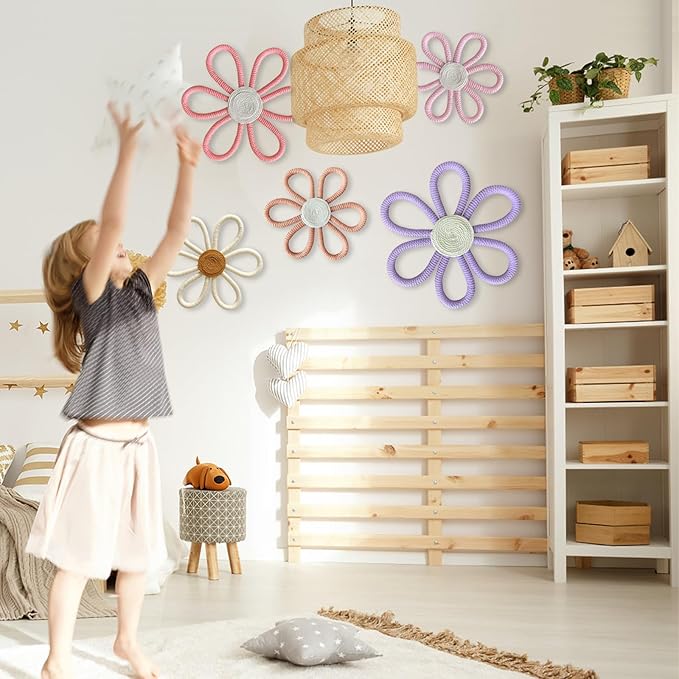 5 Pcs Boho Daisy Flower Wall Decor 3 Size Woven Floral Art Wall Hanging Supply for Boy Girl Pink Purple Bohemian Home Bedroom Room Decorations
