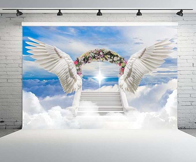 10x6.5ft Angel Wings Backdrop Blooming Flowers Arch Door Stairs to Heaven Holy Light Clouds Blue Sky Background Baby Shower Prayer Church Party Decor Newborn Portrait Photo Booth Studio Props