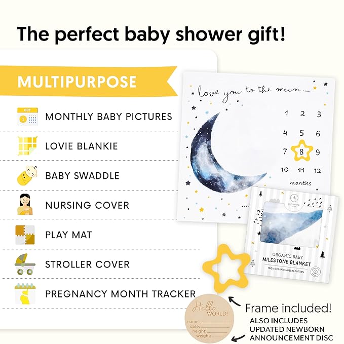 Organic Baby Monthly Milestone Blanket Boy - Love You to The Moon and Back Blanket for Boys, Growth Chart for 1-12 Months Milestones, Gender Neutral, 47”x47”