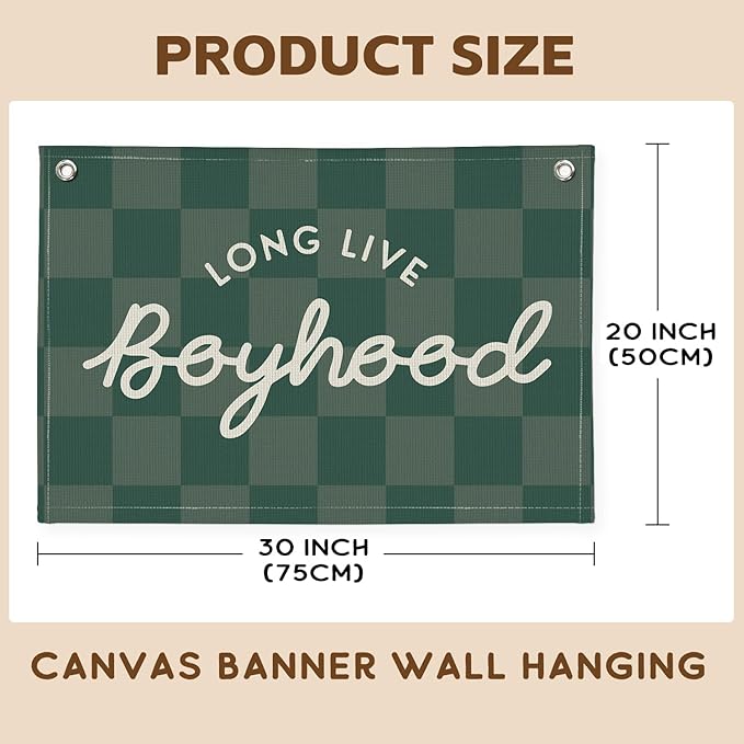 Long Live Boyhood Banner, Boy Nursery Decor, Canvas Banner Wall Hanging Flag Decor for Nursery Playroom Toddler Room, Boys Kids Room - Green