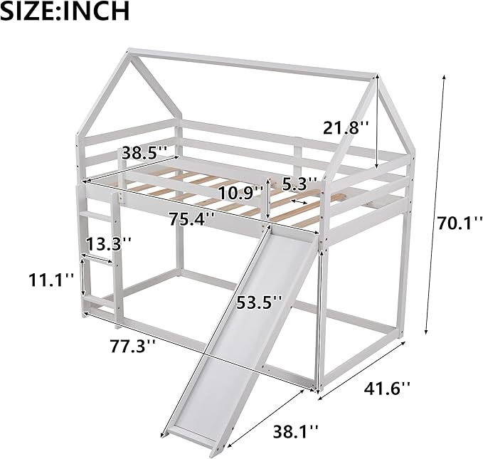 MERITLINE House Shaped Bunk Bed Twin Over Twin Size Wood Bunk Bed with Slide Low Bunk Beds for Boys and Girls, Twin Size, White