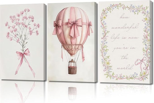 3Pcs Pink Nursery Canvas Wall Art Pictures Cute Baby Girls Room Posters Print Neutral Pink Bow Bouquet Hot Air Balloon Pastel Painting Wall Decor for Kids Room Little Girl Bedroom 12x16in Framed