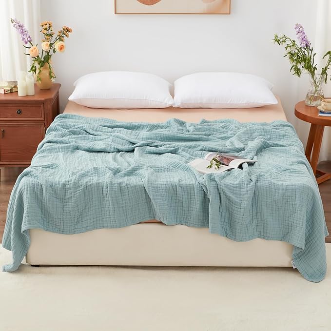 Love's cabin 6 Layer 100% Cotton Muslin Blanket, 108"x90" Muslin King Size Blanket for Bed Couch, Lightweight and Breathable Cotton Gauze for Adult, Cyan