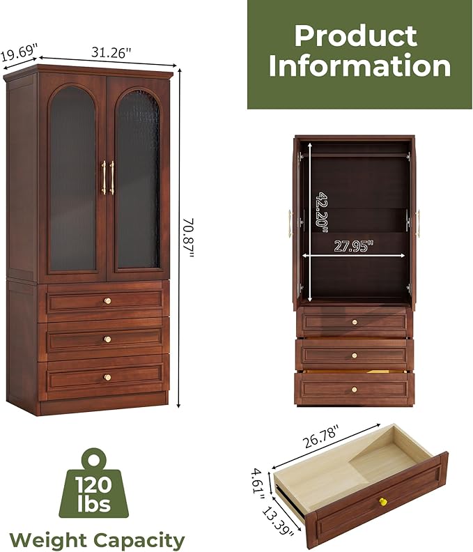 Solid Wood Wardrobe Closet:TemkTuek 70.87" Armoire,Clothing Storage Cabinet with Drawers,Doors,Hanging Railsand Shelves,Vintage Freestanding,Bedroom,Cherry Finish(21)