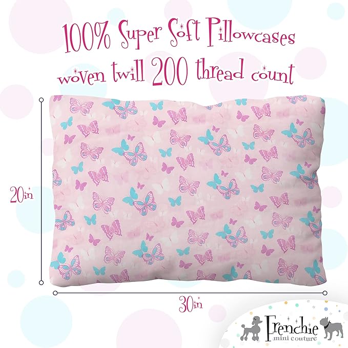 Frenchie Mini Couture, 2-Piece Kids Twin Sheets Set, 100% Woven Cotton, Deep Pocket Bed Sheet 39 x 75 x 15in + Pillowcase 20 x 30, Butterfly (Pink)