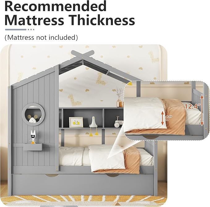 Twin Bed Frames for Kids, House Bed with Trundle and Shelves, Wood Playhouse Platform Bed Frame with Window and Fence for Boys Girls, Gray, 74.4" L x 42.7" W x 72" H