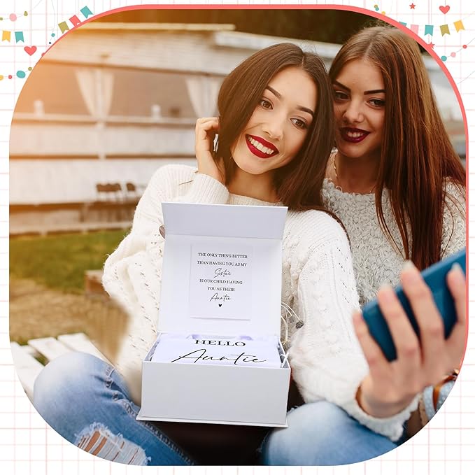 4 Pcs Pregnancy Announcement for Aunt, Hello Auntie Baby Bodysuit, Hello Auntie Pregnancy Reveal Card Baby Reveal Gift Box Baby Announcement Gifts Set for Aunt Women