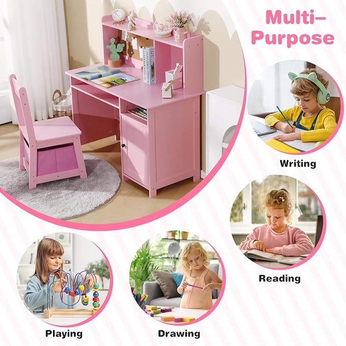 Kid's Study Desk and Chair Set for Boys & Girls – Wooden Ergonomic Design, Includes Built-In Chair Storage Bins & Bookshelf Organizer & Cork Bulletion Board, for Children Studying, Writing, Drawing