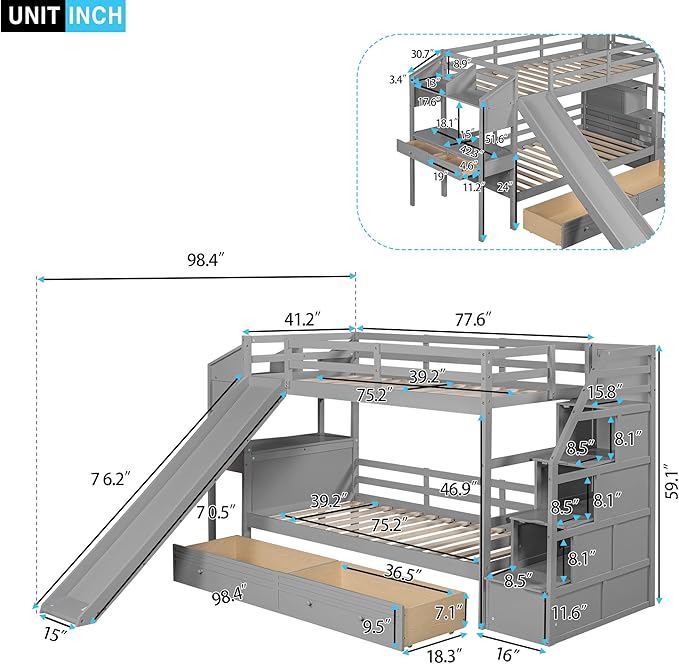 Twin Over Twin Bunk Bed with Storage Staircase and Slide, Wooden Bunk Bed Frame with Desk and Drawers, Multifunctional Bunk Bed for Kids Teens Adult Bedroom (Gray + Pine-Twin-04)