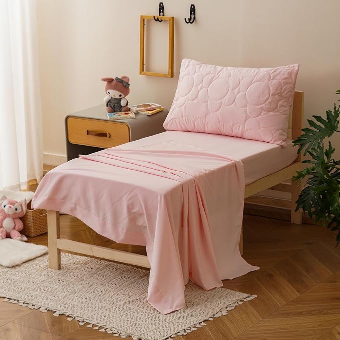 KAREVER Flower Toddler Bedding Set Botanical Print 4 Pieces Crib Bed Set Kids Pink Floral Comforter Set