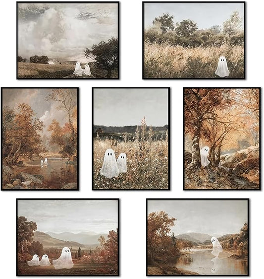 Mynotix Funny Halloween Poster Set of 7, Cute Ghost Country Landscape Wall Art, Vintage Haunted Forest Canvas Painting Print Pictures for Bedroom Living Room Dorm Unframed 12x16 inch