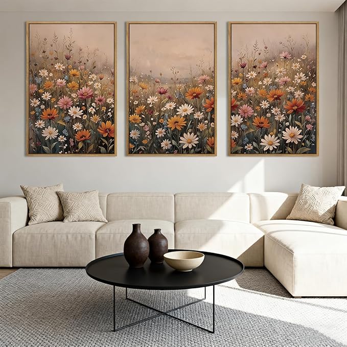 IARTTOP Extra Large Botanical Brown Framed Wall Art 24x36 Inch Set of 3 Vintage wildflower Art Prints Calming Nature Floral Landscape Wall Decor for Living Room Dining room Bedroom