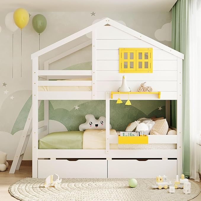 MERITLINE Twin Over Twin House Bunk Bed with Storage Drawers and Storage Box, Solid Wood Bunk Bed with Ladder,Shelf and Roof (White)