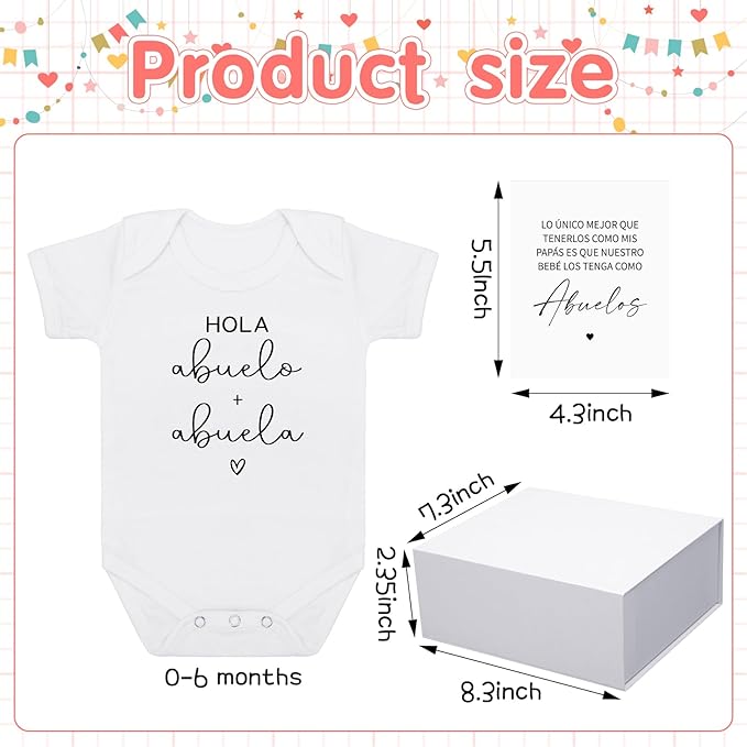 4 Pcs Pregnancy Announcement for Abuelos, Hola Abuelos Baby Bodysuit Pregnancy Reveal Card Baby Announcement Gift Box with Gifts Set