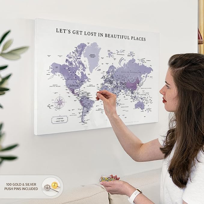ElephantStock - Beautiful Places II Push Pin World Map Wall Art - Horizontal Canvas Wall Art - Living Room Wall Decor - Digital Art Map Canvas Art - White And Black Decor - 30" x 20"