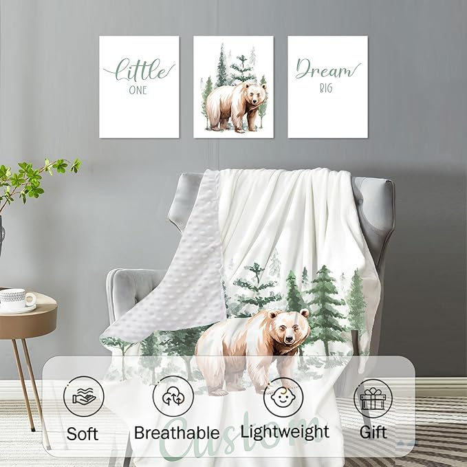 Custom Baby Crib Bedding Set,Personalized Name Brown Bear Theme Nursery Bed Set 4 Piece,Baby Blanket Fitted Sheet Nursery Rug Wall Art Set,Custom Room Decor Idea Gift for Newborns Boys Girls