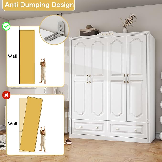 White Armoire Wardrobe Closet with Drawers: 74" Large Wardrobe Closet with 4 Doors and 2 Drawers, Bedroom Armoires with Hanging Rod, Wooden Armoire Closets for Hanging Clothes (White, 59")