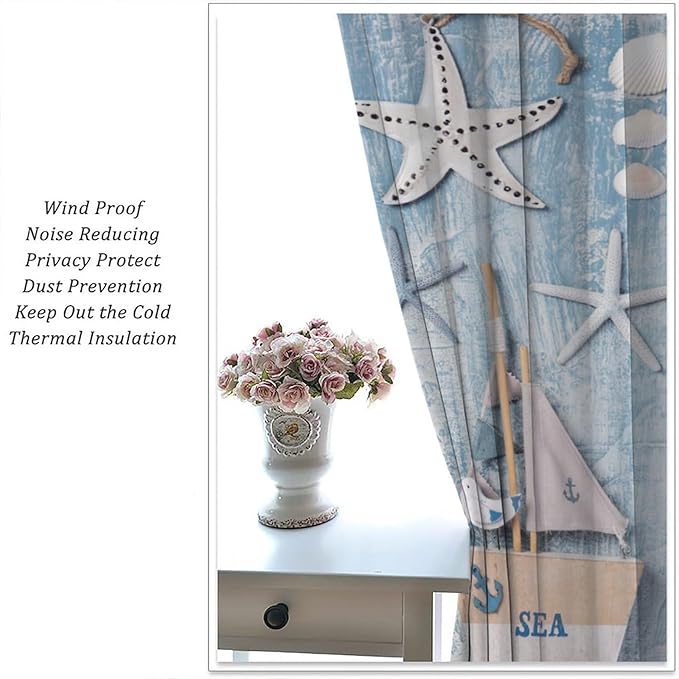 Nautical Curtain,Navy Anchor Sailing Map Starfish Seashells Bedroom Curtain,Waterproof Washable Fabric for Bedroom Decor Set 2 Panels,72x63 Inches