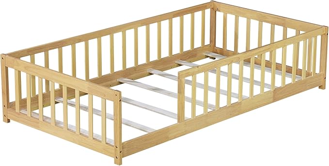 Twin Size Kids Montessori Floor Bed,Twin Floor Bed Frame with Slats,Solid Wood Twin Bed Frame for Girls Boys,Natural