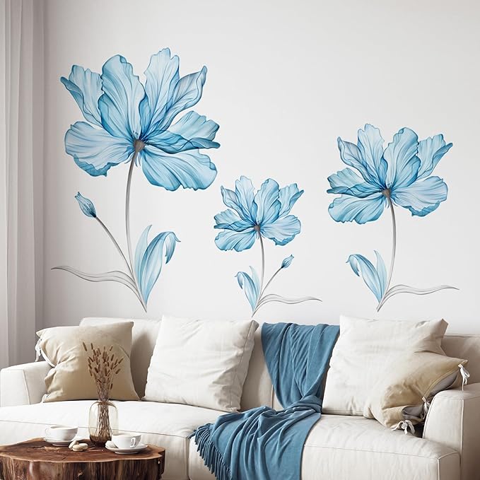 Tanlaby Large Blue Flowers Wall Stickers Transparent Watercolor Floral Wall Decals Peel and Stick Art Decor for Girls Bedroom Living Room Office Sofa Backdrop