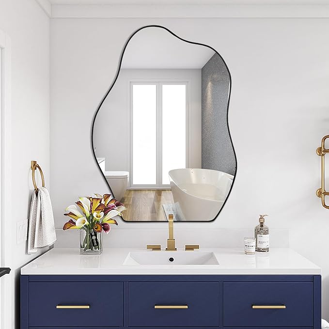 POZINO Irregular Mirror, Asymmetrical Mirror, Black Squiggly Mirrors, Morden Unique Shape Mirrors for Bathroom Living Room Bedroom Entryway Home Decor, 32"x24"