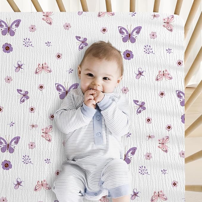 Little Grape Land Muslin Crib Sheets Fitted for Boys and Girls 2 Pack, 100% Cotton Baby Bed Sheets Soft Breathable, Neutral Fitted Baby Mattress Sheets for Standard Crib 52x28 inches, Purple Butterfly