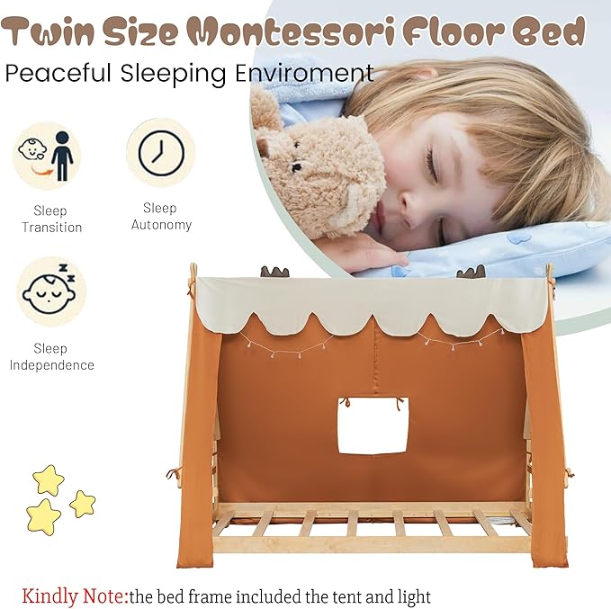 Montessori Floor Bed Twin with Tent & Light, Wood Twin House Beds for Kids, DIY Playhouse, Low-Profile Teepee Bed, Playful Indoor Adventure & Sleep for Girls Boys,Natural+Brown